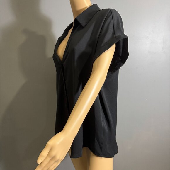 Black Tie-Front Button-Up Shirt ~ Minimalist Versatile Blouse - Picture 4 of 12